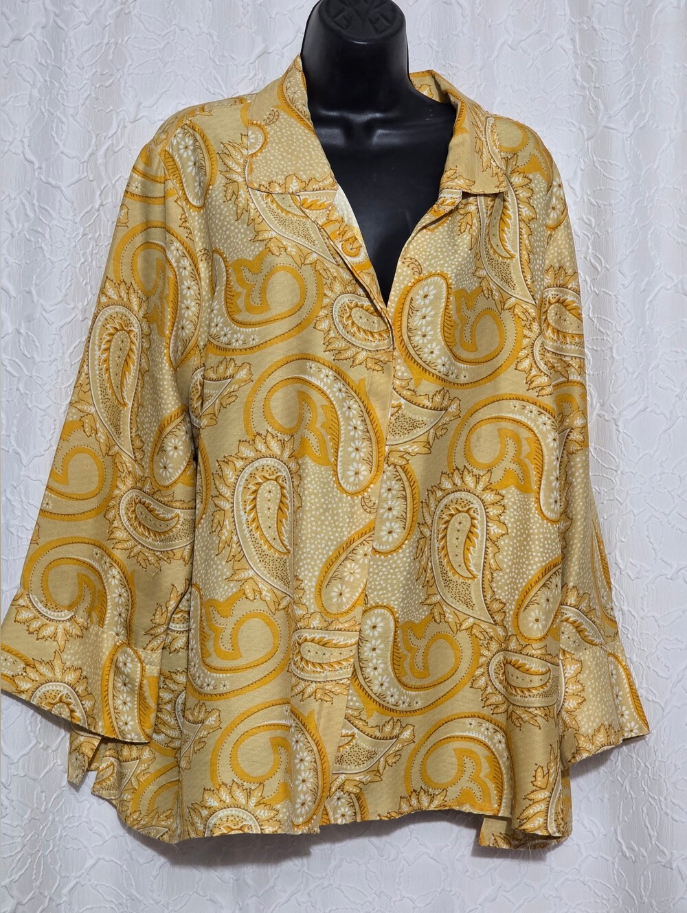Vintage Selene Sport 3X Plus Paisley Button Up Shirt Blouse Gold Boho 90s Art